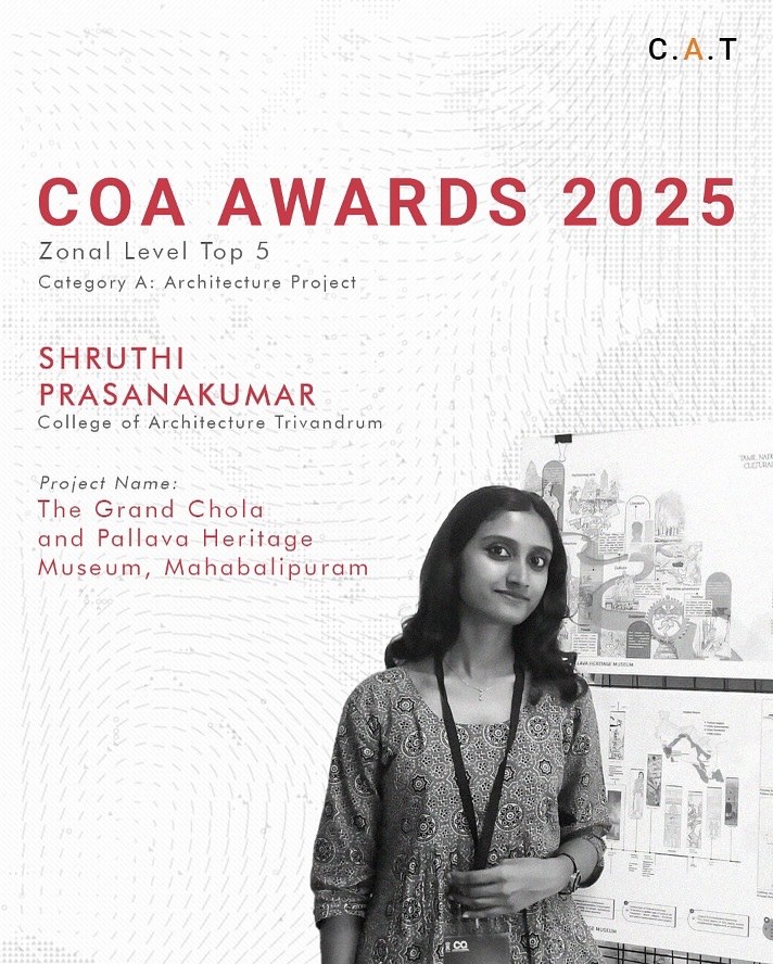 College of Architecture Trivandrum is pleased to share that Sruthi Prasannakumar @i.sruthy.i has been placed among the top five in the Architectural category of the COA Awards Zone 5.
Her work reflects thoughtful inquiry and design sensitivity, celebrating an approach that bridges creativity and responsibility in architecture.
Sruthi was guided by Assistant professor Ambu C Mohan @ambucmohan in the course of her work.
#cattrivandrum #coaawards #architecturalexcellence #designthinking #futurearchitects #academicachievement
